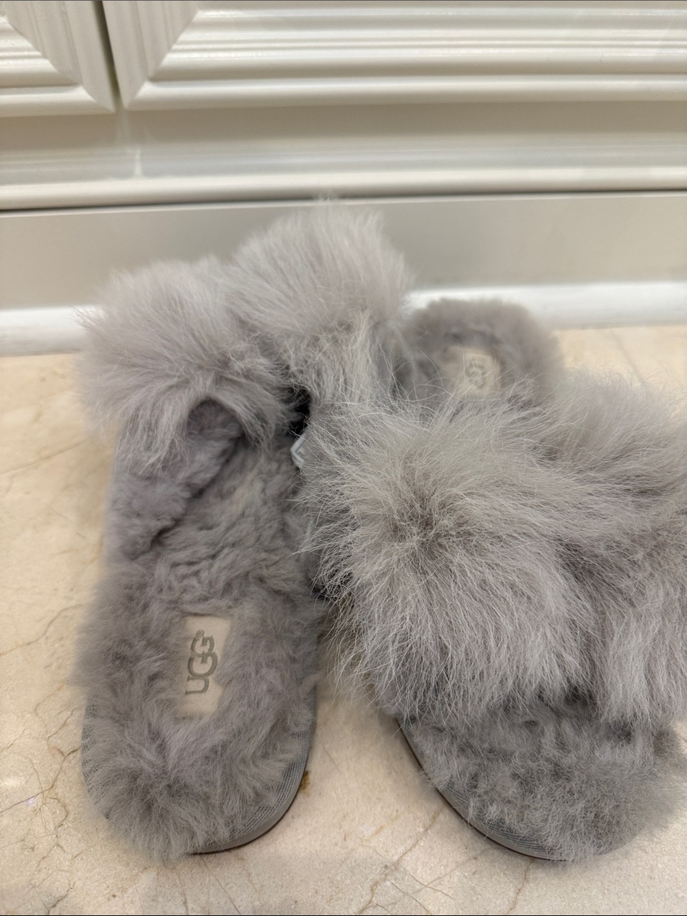 UGG Light Grey Fluffy Shearling Slide Slippers
